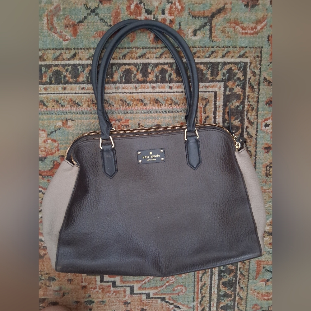 kate spade Black Pebbled Leather Tote with Beige Side Panels